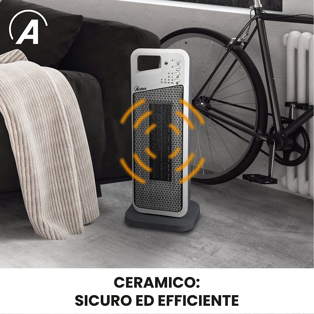 Ardes AR4P12R Handle Termoventilatore Ceramico PTC Oscillante a Torre, 2 Potenze e Telecomando con Display Temperatura, 2000 W, Grigio con Dettagli