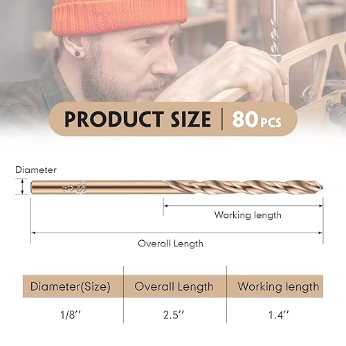 Miniatura 2 de Juego de brocas de cobalto M35 de acero de alta velocidad para metal endurecido, acero inoxidable, hierro fundido, carpintería, plástico (80 piezas,