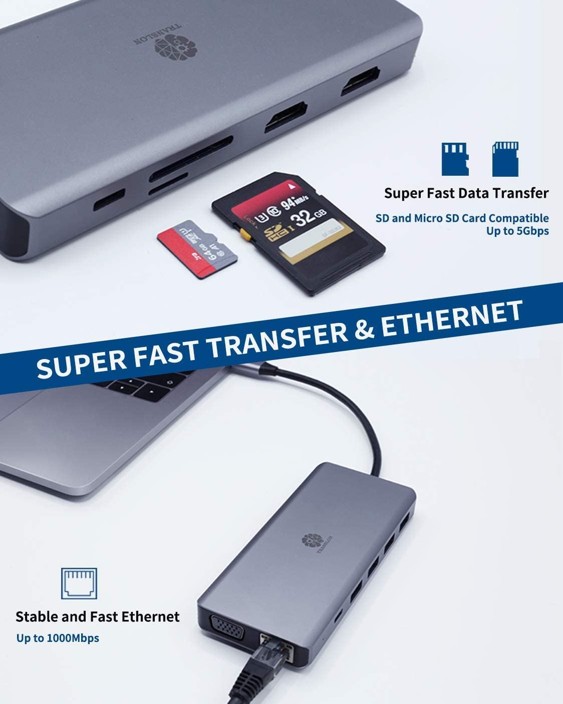 TRANSLON USB C Hub, Compact Docking Station, 13 in 1, Triple Display, PD 100W, 2X HDMI, 1x VGA, 4X USB, 1x Extra Type C USB, SD/MicroSD Card Reader, LAN Ethernet, 3.5mm Jack