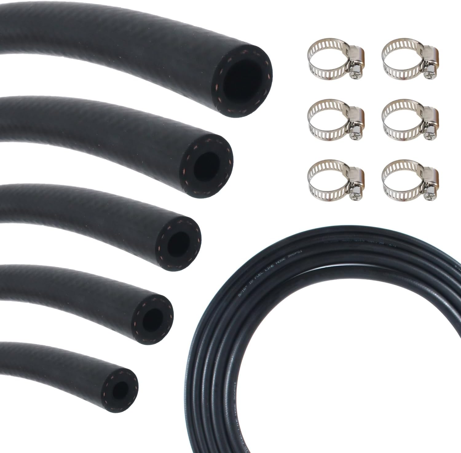 Fuel Line Hose Kit 3.3FT 5PCS With 30Pcs Clamps,3/8" 5/16" 1/4" 1/2" 3/16" ID High Performance 300PSI NBR Rubber for Automotive, Small Engines, ATV, Push Lock Reinforced