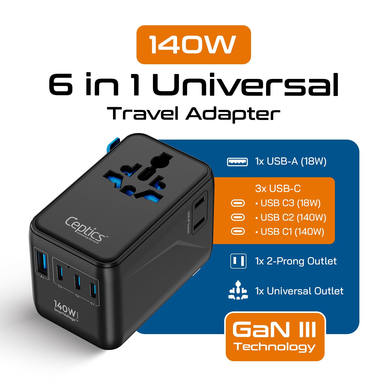 Ceptics Adattatore di alimentazione internazionale 6 in 1 con PD 140 W USB-C, 1 porta USB-A, 3 x Tipo C, ingresso universale e 1 ingresso USA/JP con prese di tipo A, C, G, I per viaggi internazionali