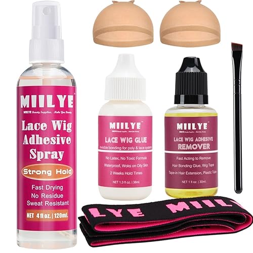 MIILYE Juego de spray de pegamento para peluca para encaje frontal Pegamento blanco y removedor con banda de fusión Kit de encaje para instalación