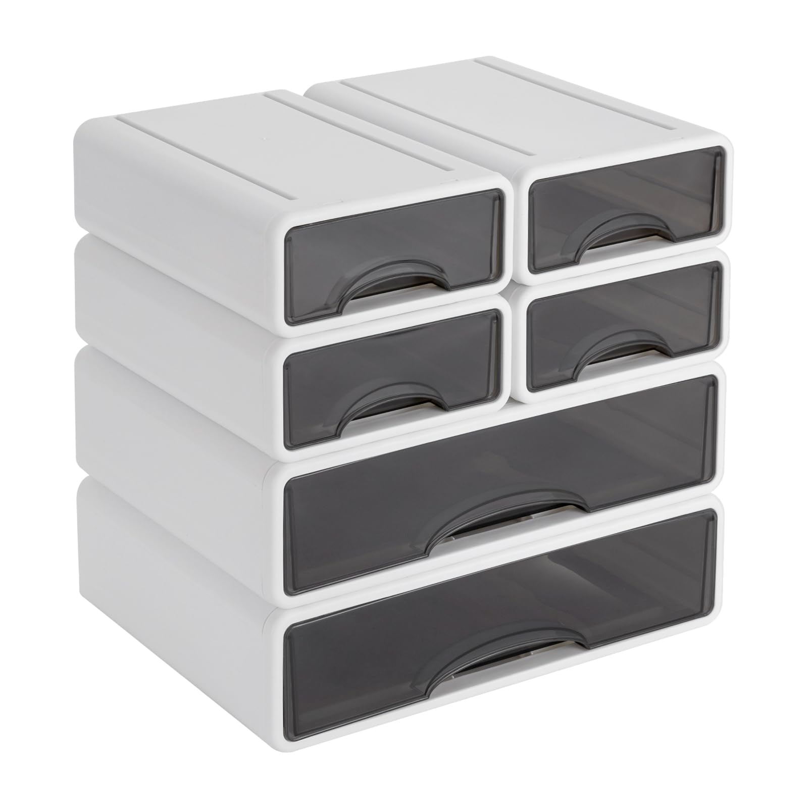 Organizer da scrivania, contenitore da ufficio con 6 cassetti, 2 grandi + 4 piccoli oggetti da scrivania, impilabile, 34 x 25 x 33 cm, bianco