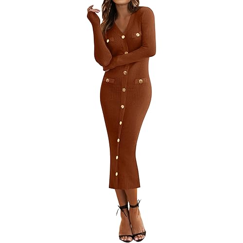 MIROL Women's V-Neck Bodycon Sweater Dress 2025 Fall Long Sleeve Button Down Knit Maxi Dress Elegant Long Dresses