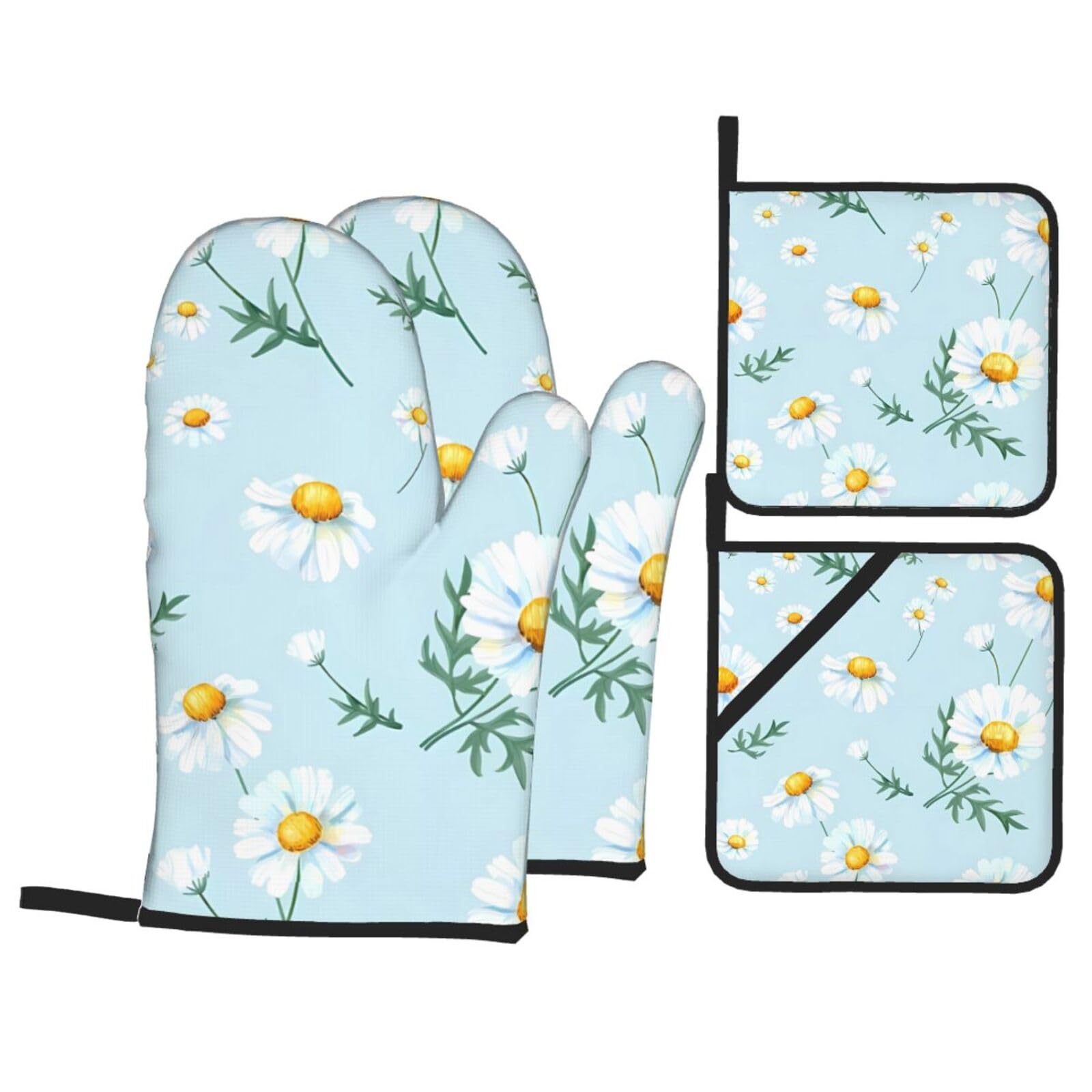 WHJSSF Daisy Prints Kitchen Baking Set - 4-Piece Heat Protection Layers with Waterproof Potholders for Oven, Grill & Serving