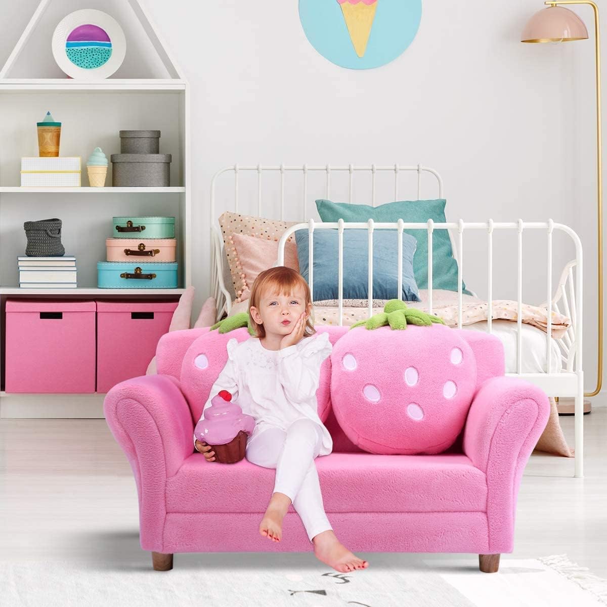 Fireflowery Kids Pink Sofa with Strawberry Pillows