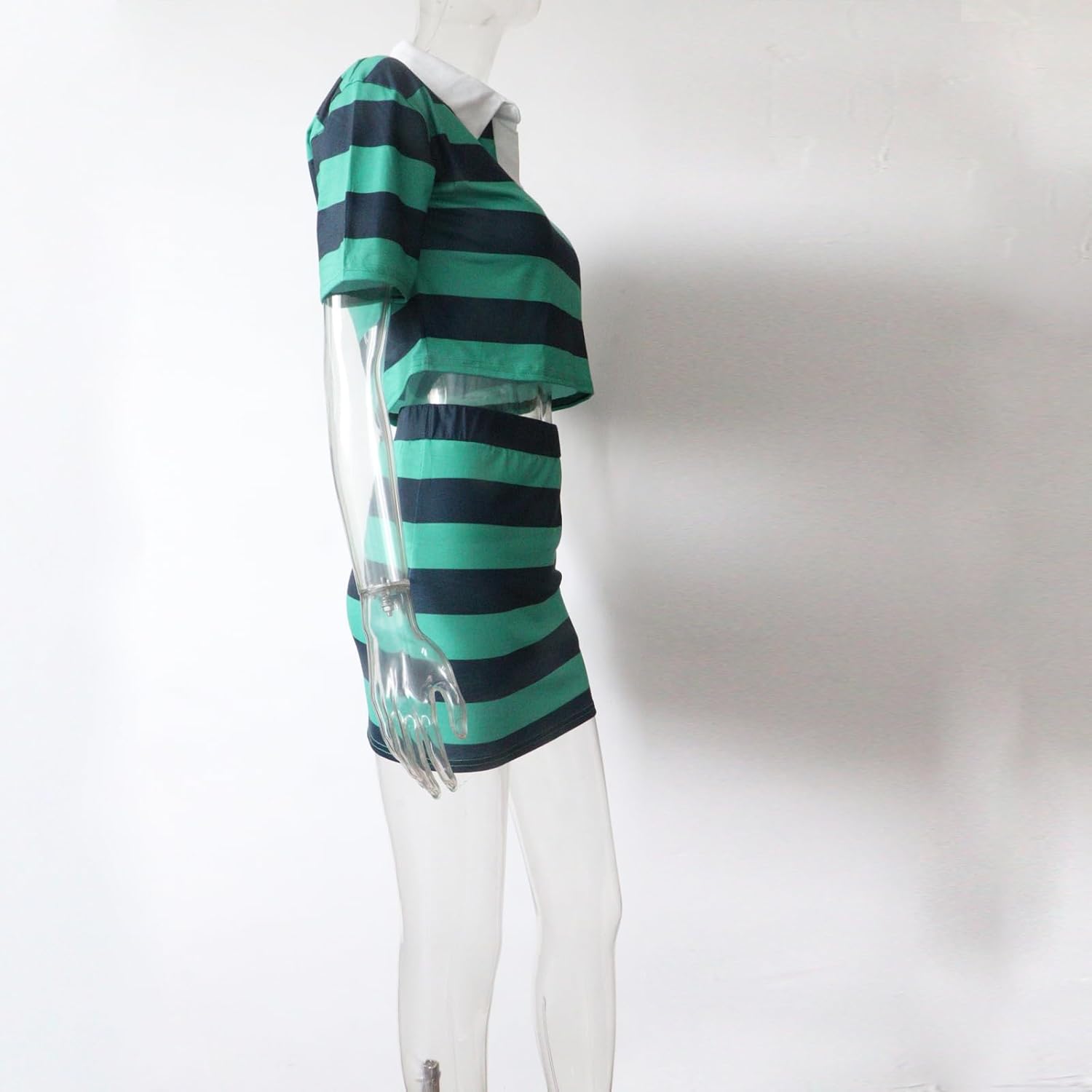 Casual Women Colorblock Striped Two Pieces Skirt Sets Short Sleeve Bare Waist Matching Set Sporty Wear Outfits - Image 4