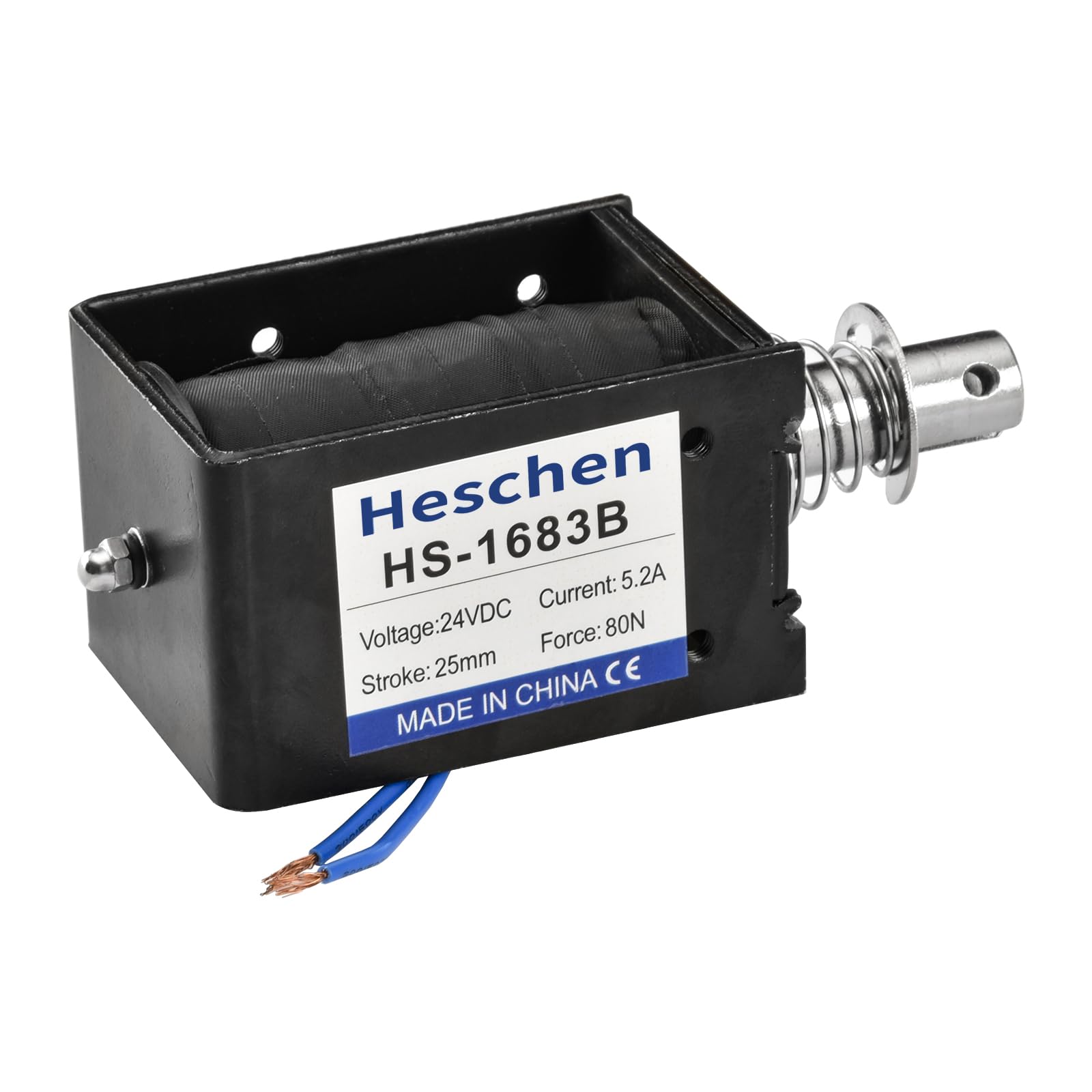 Heschen Electroimán de solenoide, HS-1683B, DC24V 5.2A, carrera de 25mm, fuerza 80N, tipo Push Pull Tipo, marco abierto, movimiento lineal