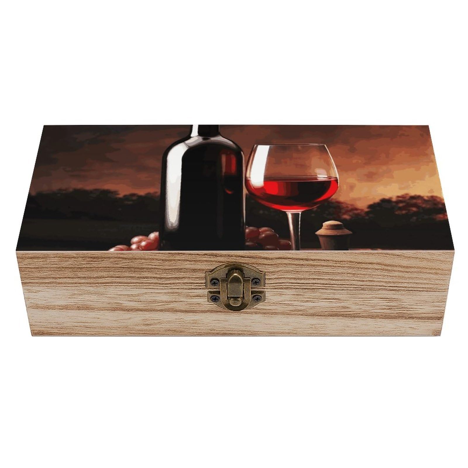 Rkklvbns Red Wine And Bottle Wooden Storage Box Vintage Decorative Boxes With Hinged Lid Keepsake Box Jewelry Gift Boxes For Home Decor Storage