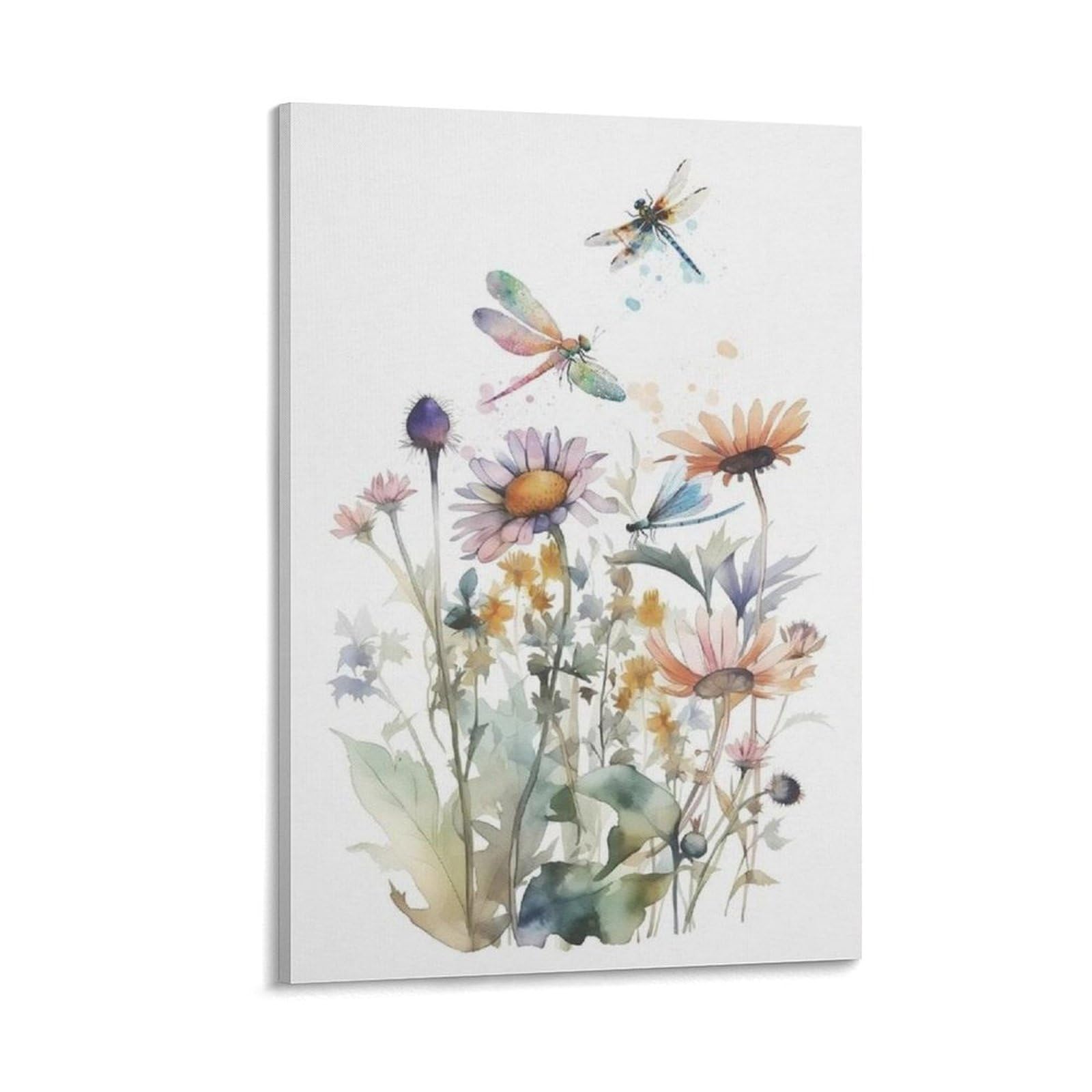 TREKAGF Watercolor Dragonfly Wildflowers Floral Botanical Art Canvas Poster Bedroom Decor Landscape Office Room Decor Gift 12x18inch(30x45cm)