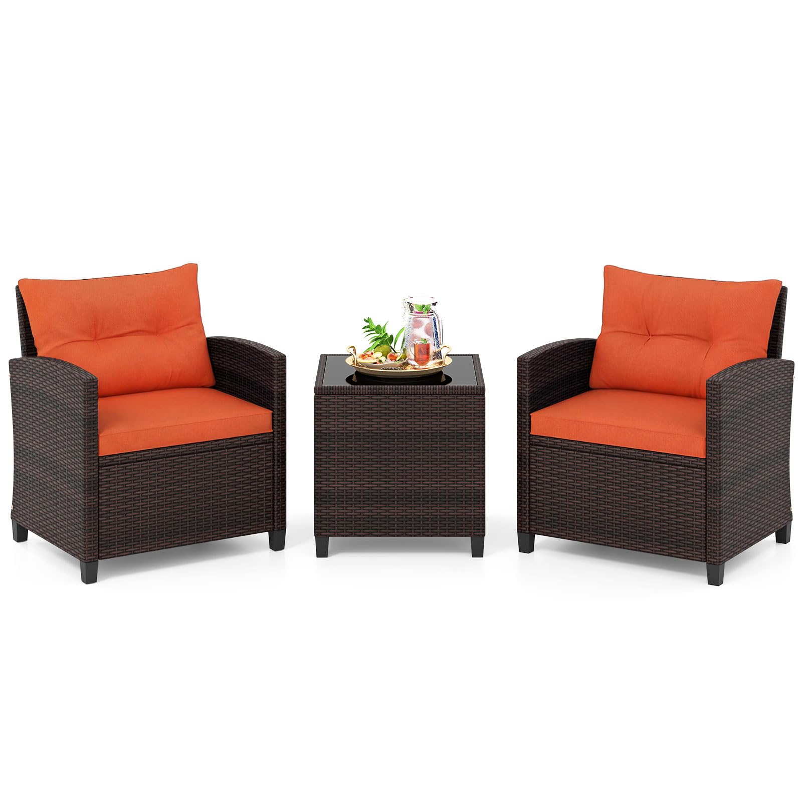 COSTWAY Rattan Gartenmöbel Set, 3-TLG. Balkonmöbel inkl. 2 Sessel, Kissen & Tisch mit gehärteter Glasplatte, Balkon Möbel klein, Wetterfeste Sitzgruppe 2 Personen (Orange)