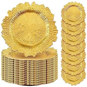 50 Pcs 13 Inch Charger Plates Bulk Plastic Plate Chargers with Floral Reef Design Round Ruffled Rim Dinner Charger Plates for Dinner Wedding Party Event Table Setting Decoration(Gold)