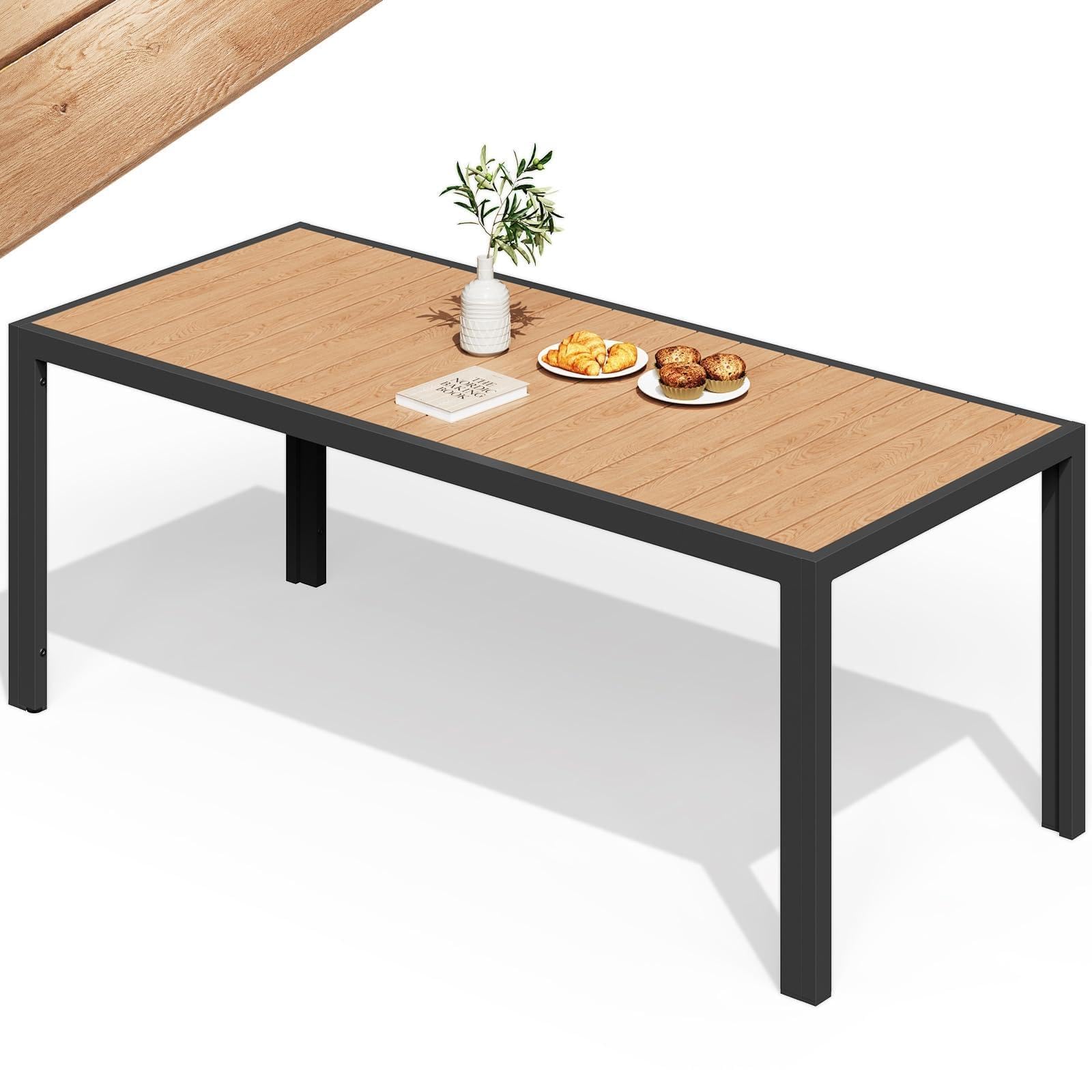 JUMMICO HDPS Wood Grain Garden Dining Table, Heavy Duty Weatherproof Aluminium Outdoor Table, Easy Maintenance, Seats 6-8 People, for Patio, Garden - Teak 189x80x72cm
