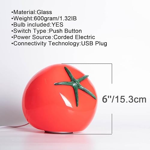 Miniatura 6 de Lámpara de mesa de cristal rojo tomate funk, alimentada por USB, regulable, linda luz de acento Kawaii para dormitorio y encimera de cocina,