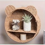 Rattanzenith Bear Rattan Wall Shelf, Handwoven Wicker Nursery Shelf for Wall, Wall-Mounted Floating Display Shelf Organizer for Small Books, Toys & Decor