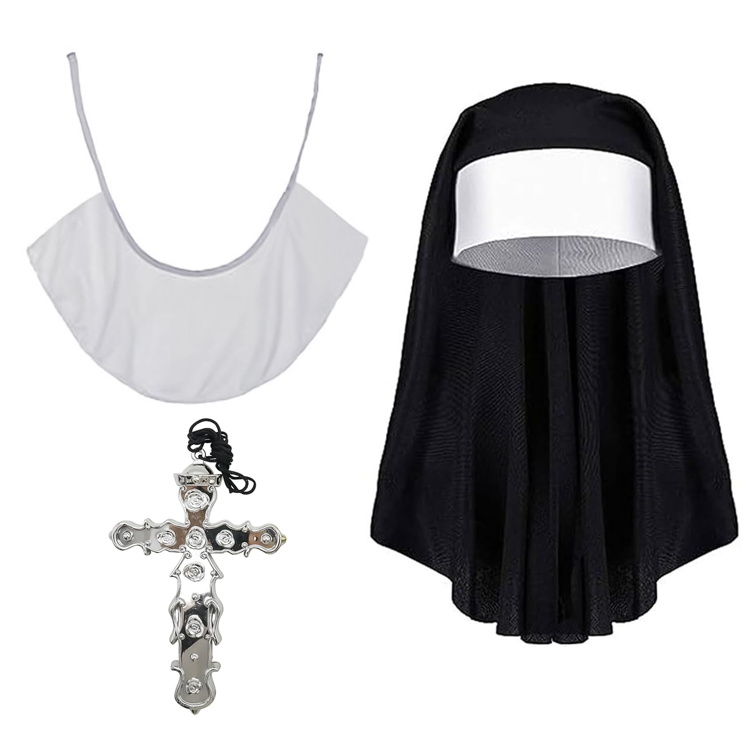 XNHIU 3pcs Nun Costume Set Nun Headpiece White Nun Collar Cross Necklace Halloween Nun Costume Cosplay Role-Playing for Adult Ladies