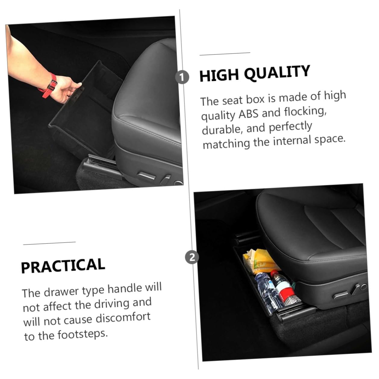 Boîte de Rangement pour Véhicule Noire en Abs Doublure en Flocage, Organisateur Automatique sous Siège pour Voiture, Empêche les Objets de Glisser Style Aléatoire