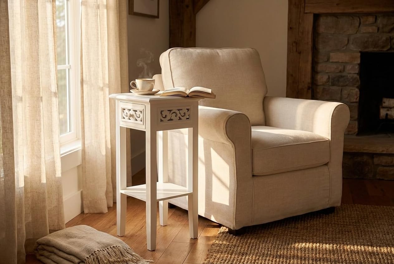 elbmöbel Telefontisch Ablage in Shabby Chic Design | Holz Beistelltisch mit Schublade ideal für Flur und Eingangsbereich | Landhaus Vintage Nachttisch | H67 x B25 x T25 cm Weiß