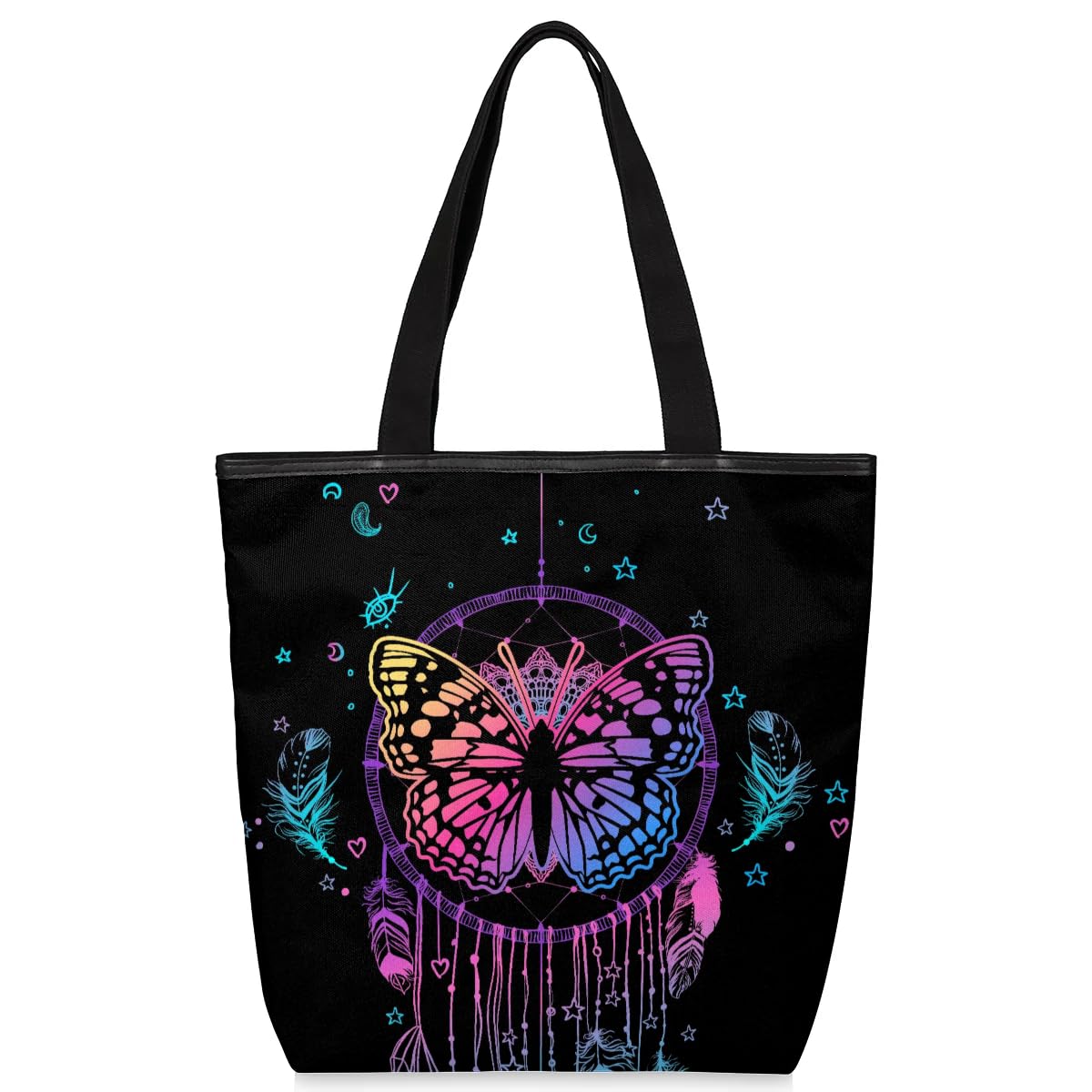 Mularoka Colorful Butterfly Dreamcatcher Canvas Tote Bag with Zipper and Pockets Canvas Tote Shopping Bag Women Reusable Grocery Bag for Beach Travel Gym Shopping