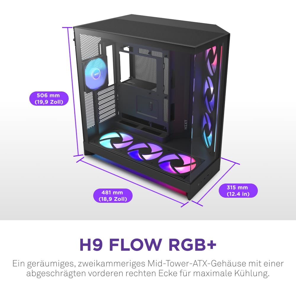 NZXT H9 Flow RGB+ (2025) – Großes Dual-Kammer ATX Mid-Tower Airflow PC-Gehäuse – Enthält 7 RGB-Lüfter (6 x 140mm, 1 x 120mm) und Steuerungshub – 420mm Radiatorunterstützung – Schwarz
