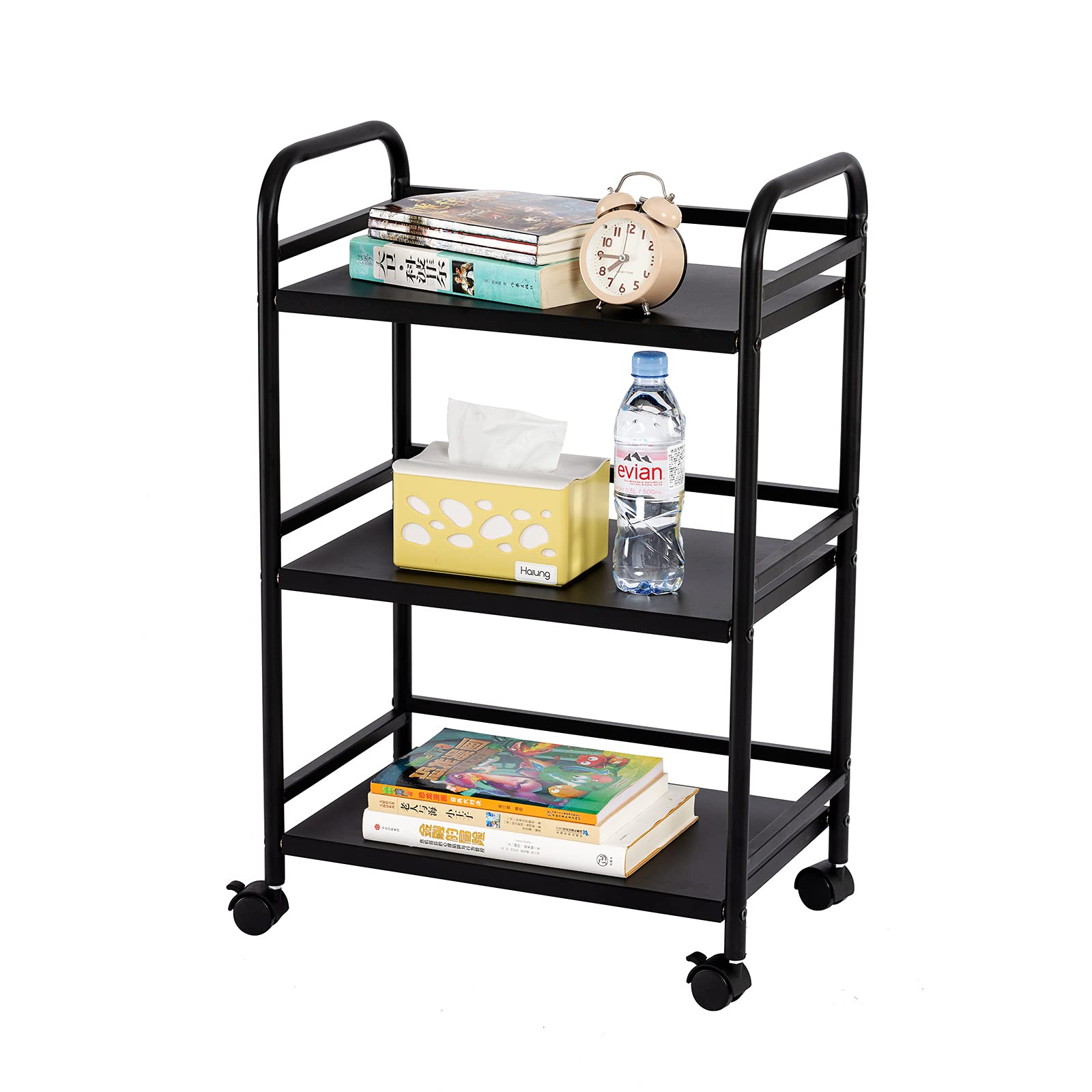 3-Tier Rolling Cart Shelves,Heavy Duty Multifunctional Metal Frame-Supports 40 lbs per Tier,Rolling Cart with 2 Lockable Wheels for Home, Office, Kitchen, Bathroom, Bedroom (Black)