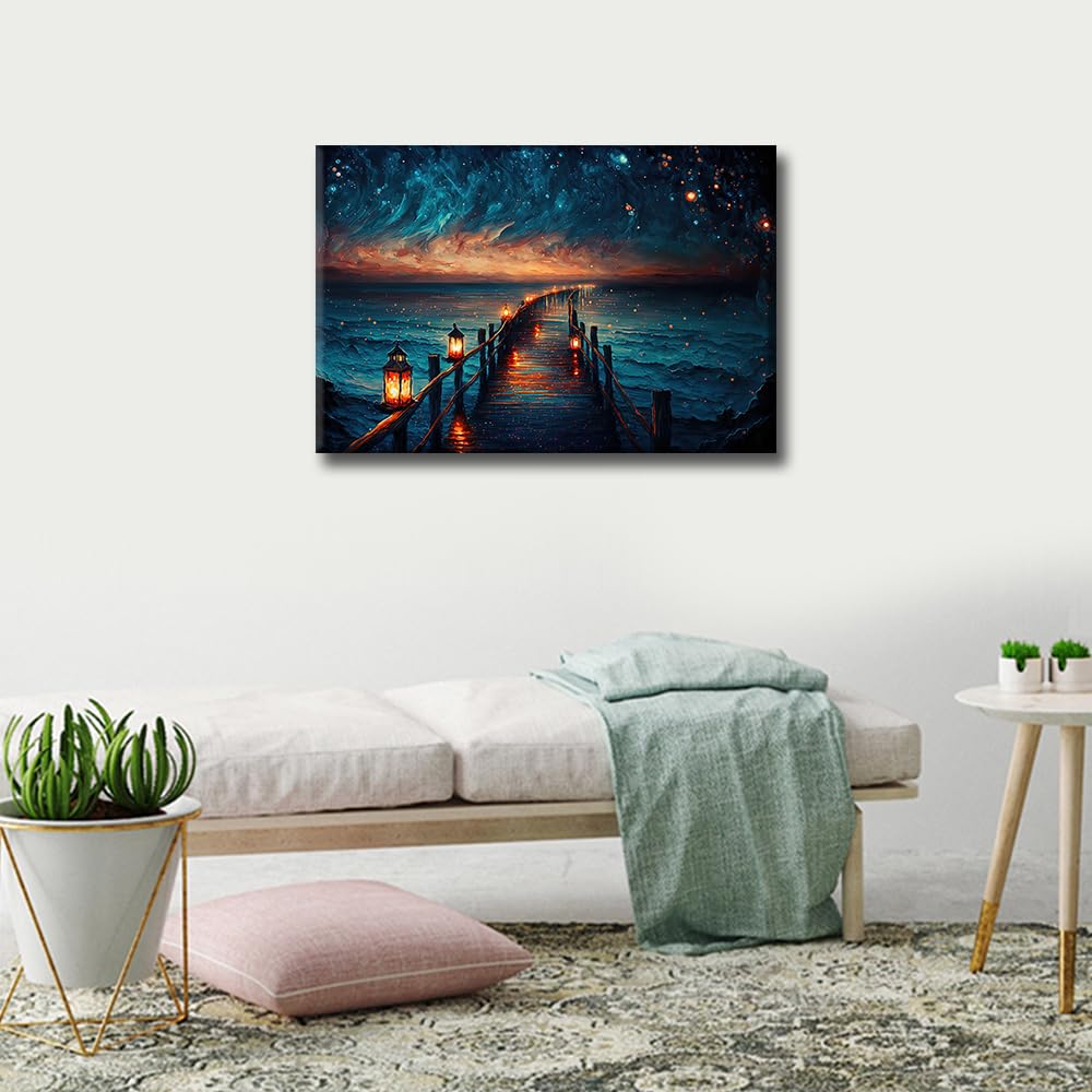 TISHIRON Seascape Wall Art Glitter Glow Starry Sky in Night Oil Painting Style for Living Room Bedroom Wall Decor Canvas Modern Home Decor for Background Wallpaper Prints 16"x24" - Image 2
