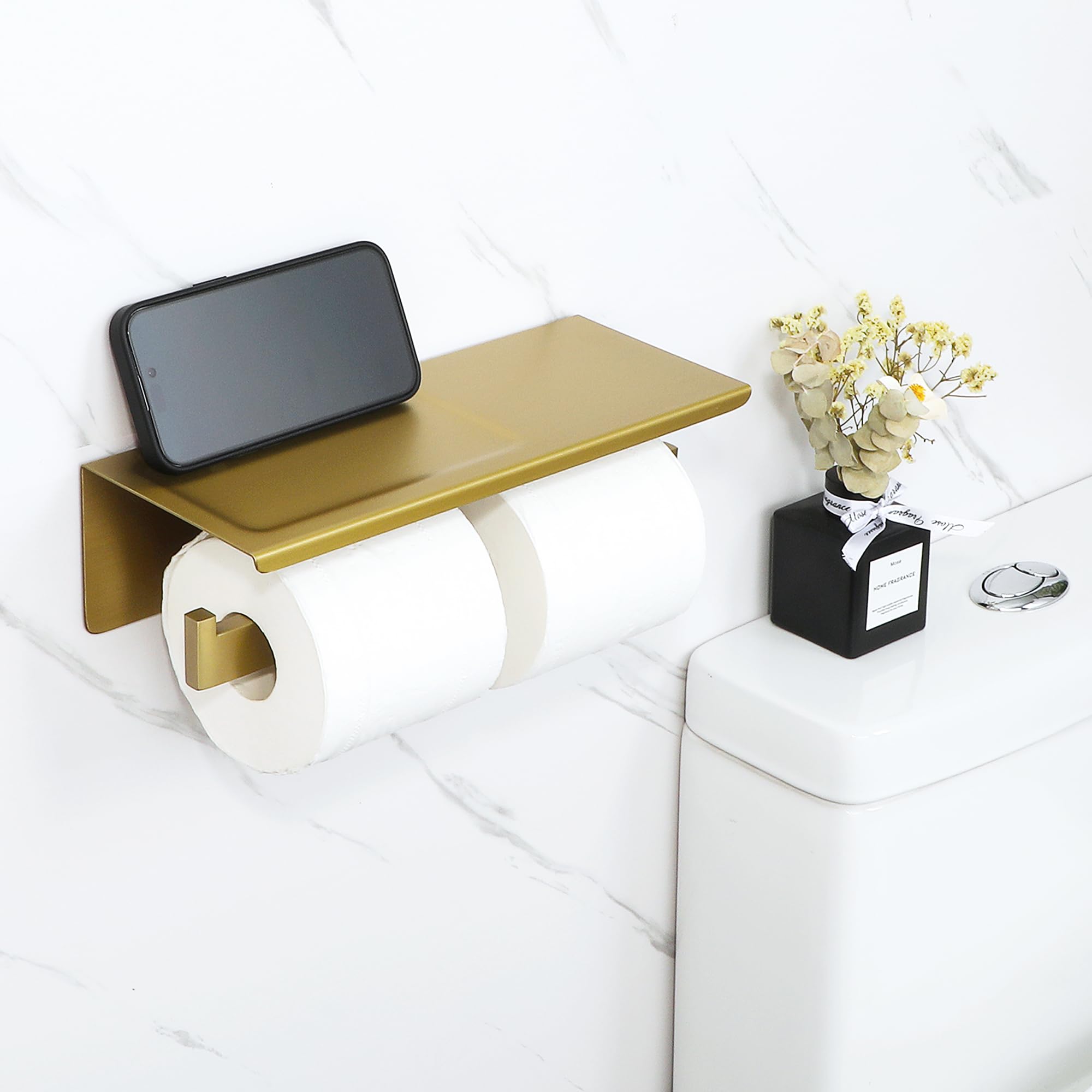 Alise Gold Double Toilet Paper Holder with Shelf,Self Adhesive or Drilling — Amazon image 4