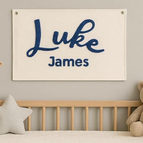 Personalized Embroidered Baby Name Banner, Custom Hand Embroidered Canvas Wall Hanging, Nursery Name Sign Flag Customizable Pennant Gift for Kids Room Boho Baby Shower Birthday Party Backdrop Decor