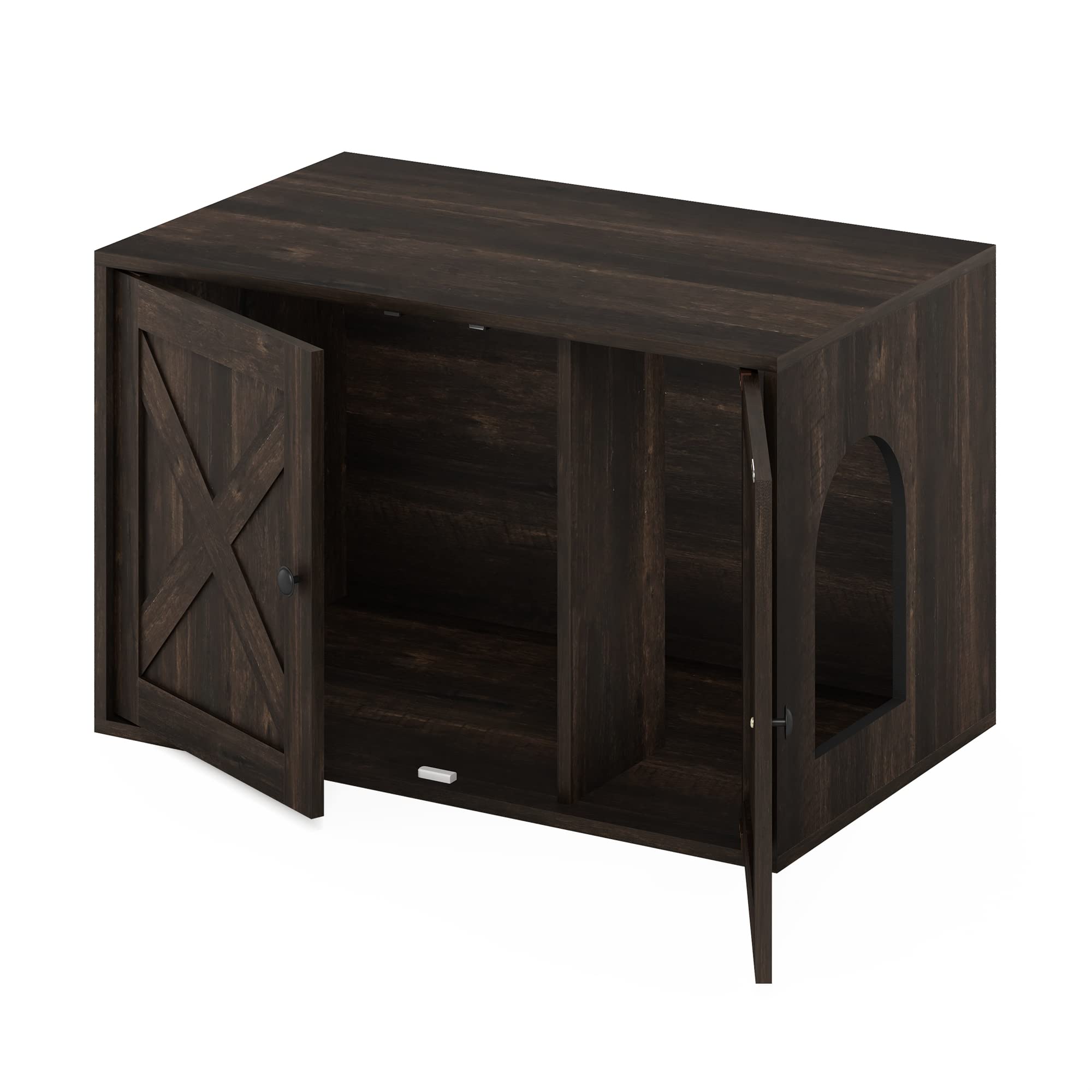 Furinno PELI Verstecktes Katzenstreu mit Seiteneingang, Holzhaus mit Lamellentür, Einfache Montage für Wohnzimmer, Ebenholz