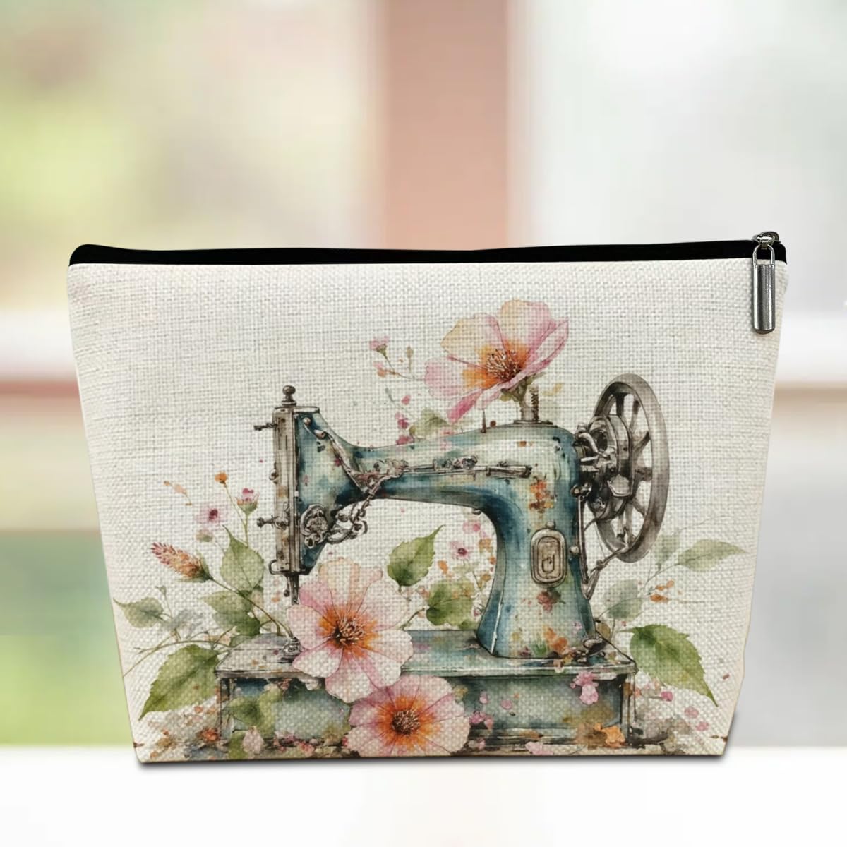 Vintage Sewing Machine Makeup Bag, Floral Makeup Case Organizer Cosmetic Bags for Women, Portable Pouch Purse Travel Essentials Toiletries Accessories, Birthday Gifts for Women
