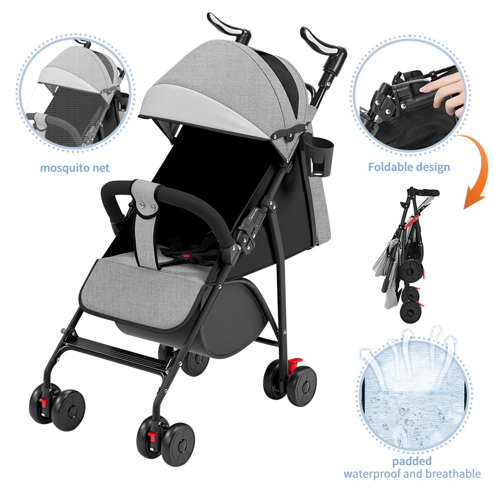 OHMG Passeggino Leggero e Compatto,Passeggini compatti Confortevole,Passeggino Sport Per Bambin,Pieghevole,25kg,Chiusura una Mano,UPF 50+,Zanzariere,Cinture di sicurezza a 5 punti