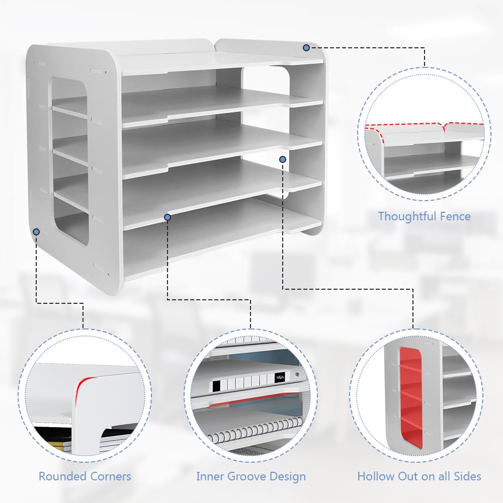 Schreibtisch Organizer Ablagefächer 5-Tier Briefablage Stapelbar Papierablage A4 Dokumentenablage Schreibtischablage Weiß Büro Aktenablage mit Stifthalter Unterlagen Organizer für Büro