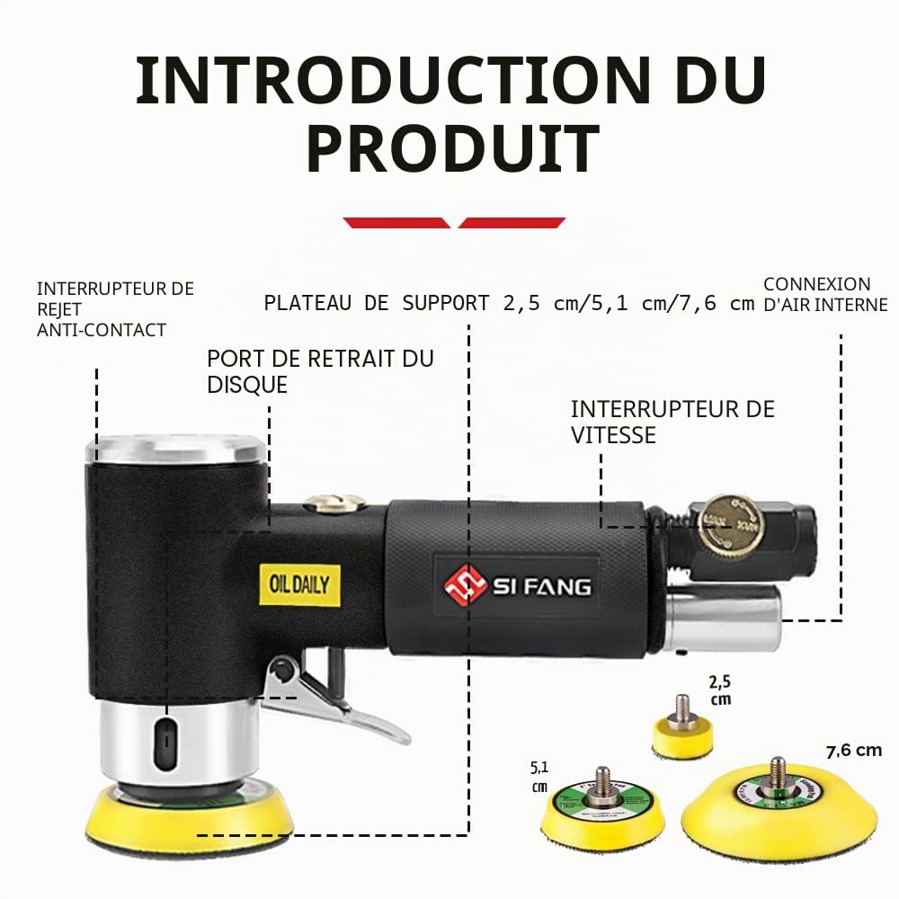SI FANG Kit Mini Ponceuse Pneumatique, Ponceuse Orbitale 25/50/75mm avec 45 Disques Abrasifs, Ponceuse de Voiture Pneumatique à Grande Vitesse, Pour le Polissage du métal et du bois
