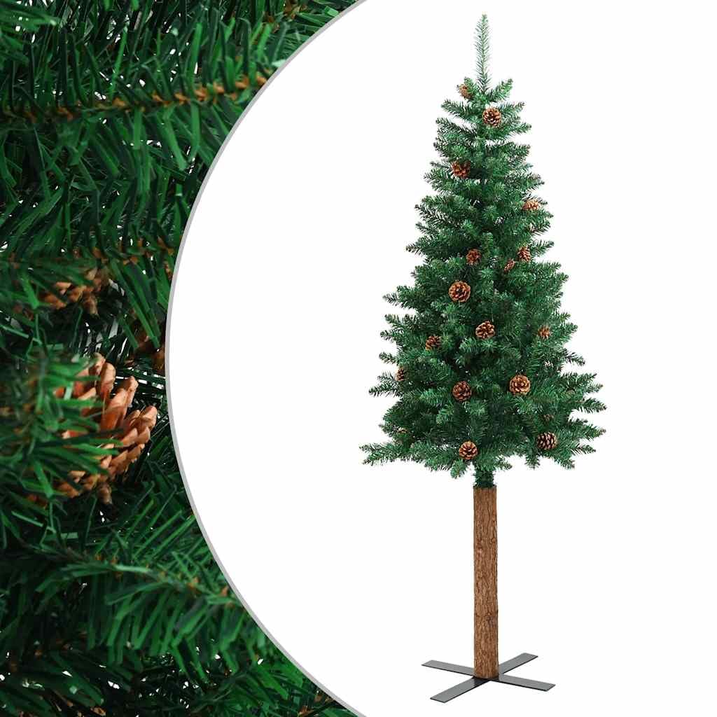 Árbol de Navidad estrecho de 180 cm con madera real y piñas, abeto verde de PVC y madera de pino, árbol de Navidad realista con ramas coníferas para interior y exterior