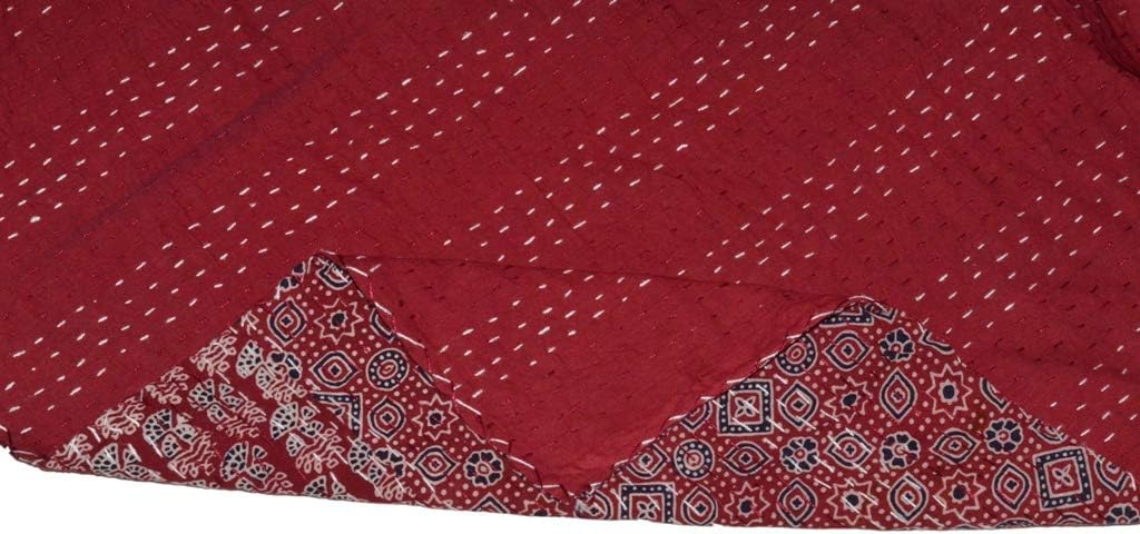 YUVANCRAFTS Indian Hand Block Print Kantha Quilt Queen Size Handmade Quilt Kantha Throw Blanket Queen Bedspread Boho Quilt Vintage Gudari Kantha Quilts (RED AJRAKH)