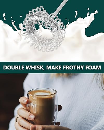 Miniatura 3 de Potente espumador de leche de mano, funciona con pilas, espumador de espuma de doble batidor con soporte de acero inoxidable, mezclador de bebidas