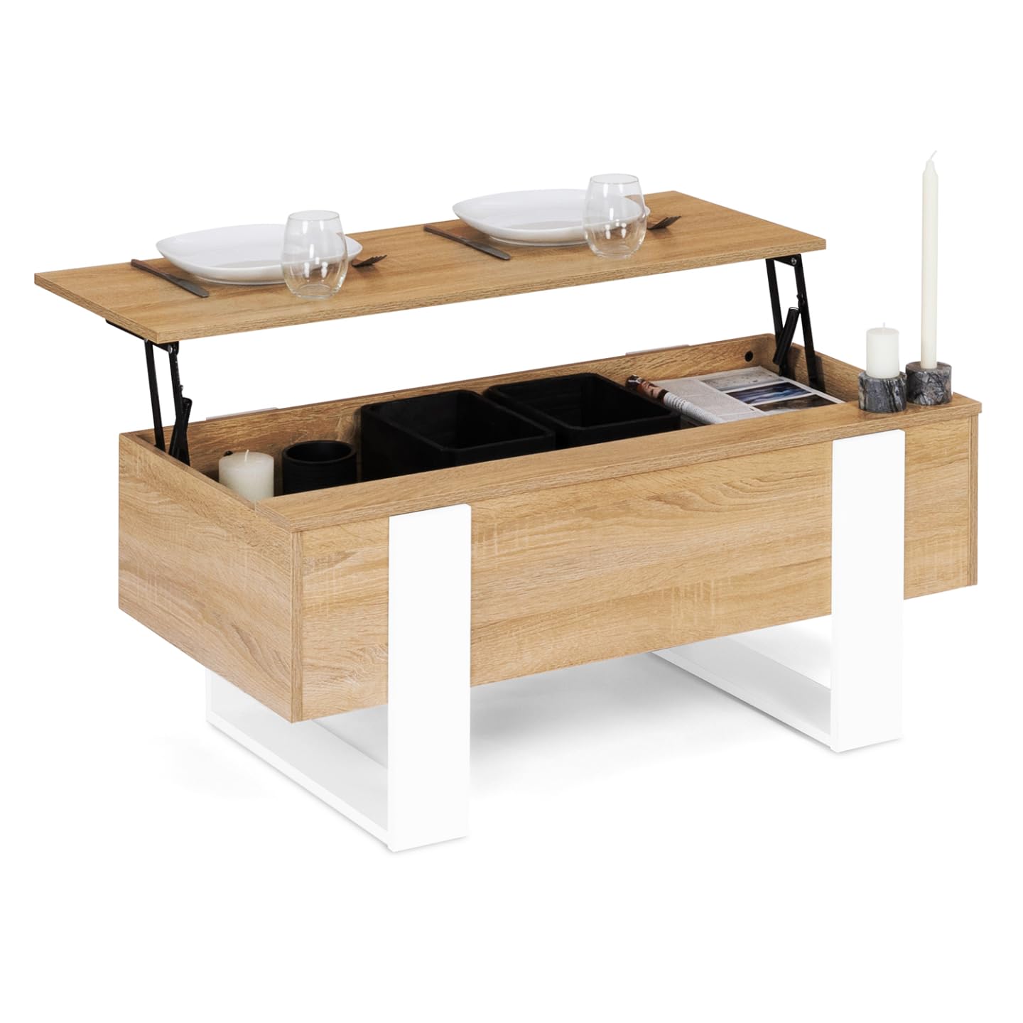 IDMarket - Table basse relevable rectangulaire Phoenix bois et blanc pour salon