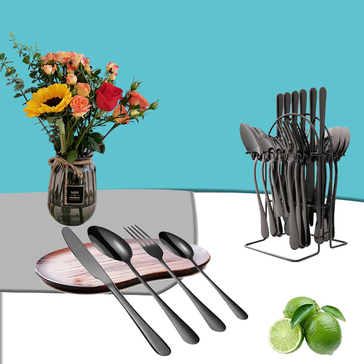 HYCSC Set di posate con supporto, set di posate in acciaio inox di alta qualità, lucidate a specchio, include coltello, forchetta e cucchiaio, bel set regalo per famiglie, colore nero