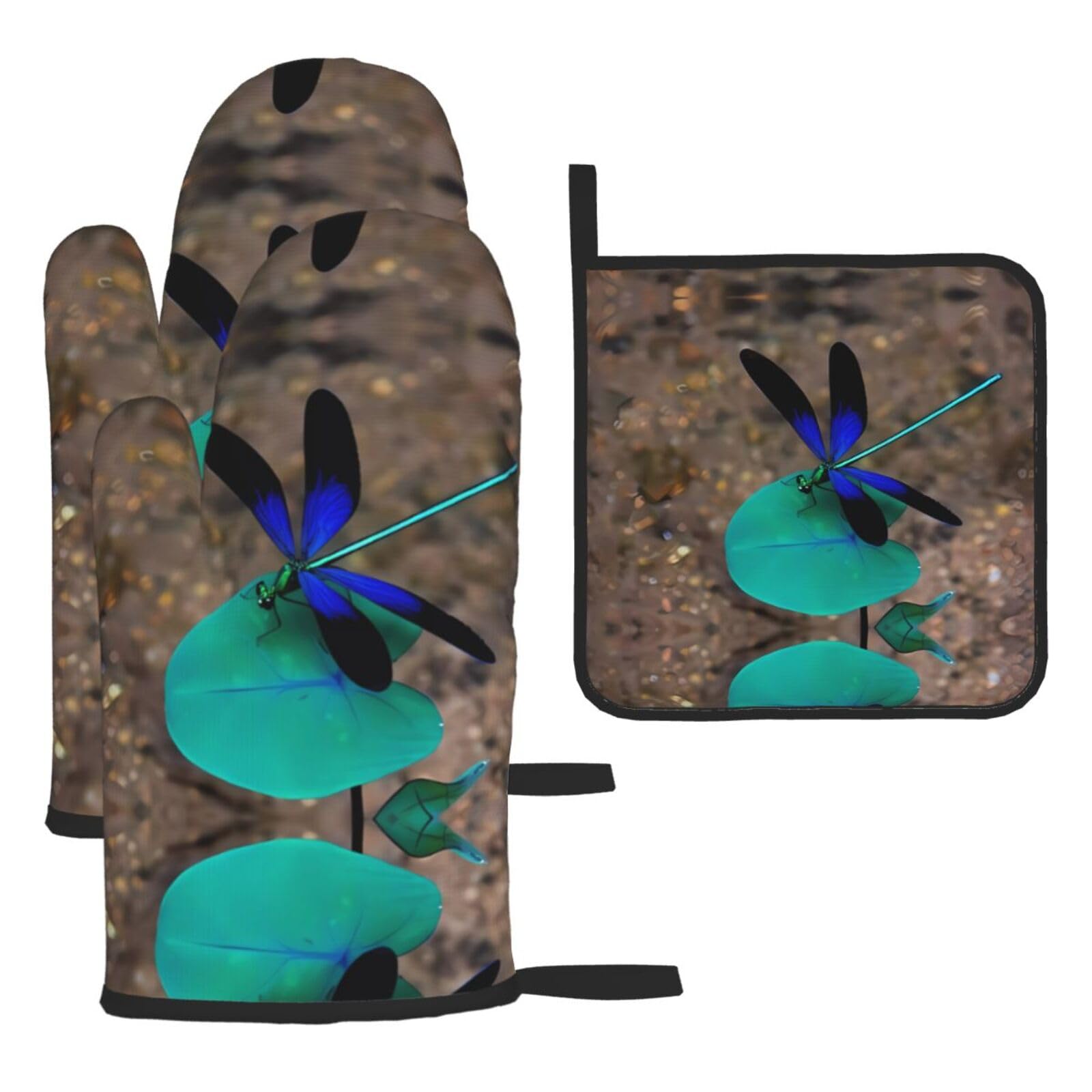 black dragonfly Printed Oven Mitt Set 3-Piece | Heat Resistant Gloves & Pot Holder Mat for Cooking, Baking & BBQ