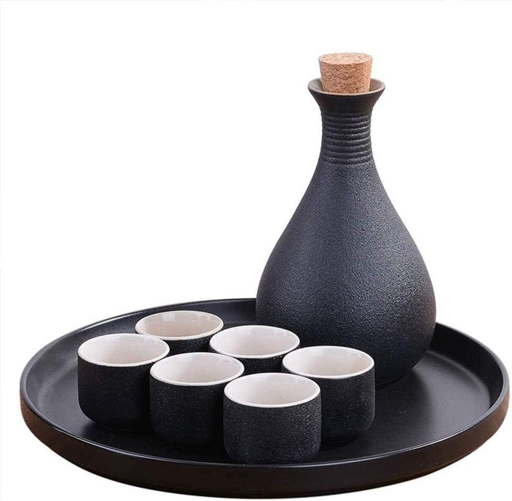Sake Ceramic Set, 6 Pieces of Ancient Ceramic Black Anti-Skid Kettle Wine Glass Sake Set Home Set for Cold/hot/Sake/Shochu/Tea 8.13