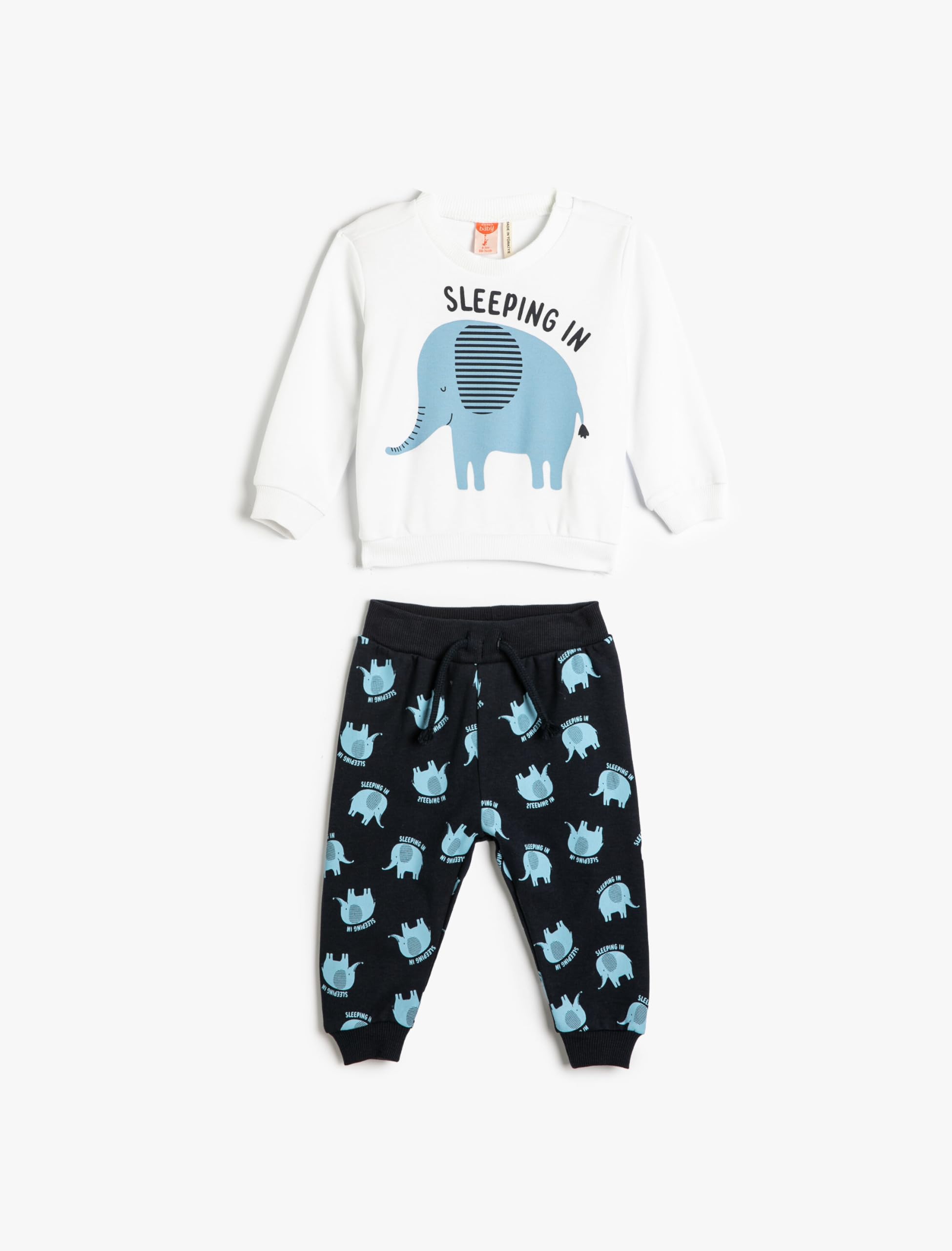 Pijama Takımı Fil Baskılı Uzun Kollu Bisiklet Yaka Pamuklu
