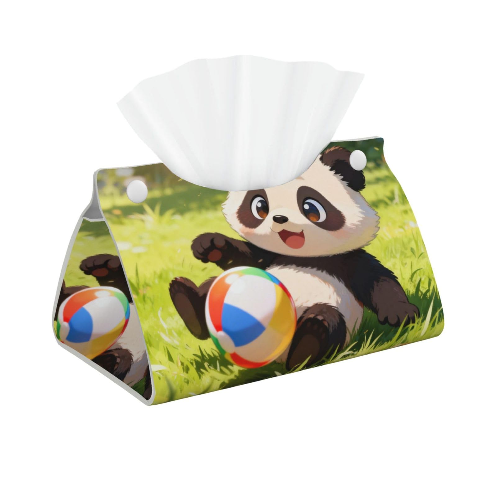 Panda Play Ball Long Leather Tissue Box Cover-Waterproof PU Leather Tissue Holder for Bathroom, Decorative Rectangular Tissue Case