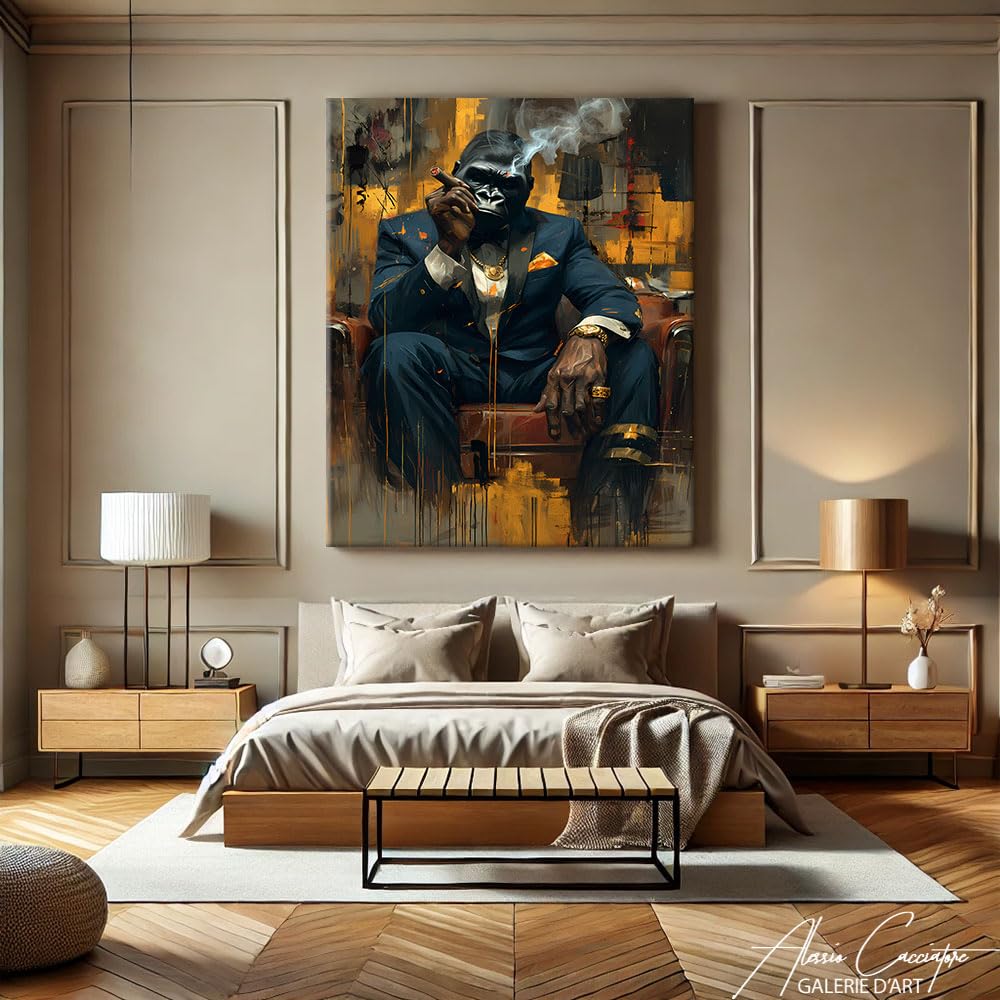 Quadro Gorilla Con Sigaro Su Tela Con Cornice - 2 Cm Spessore, Stampa UV, Decorazione Moderna Per Soggiorno E Camera Da Letto