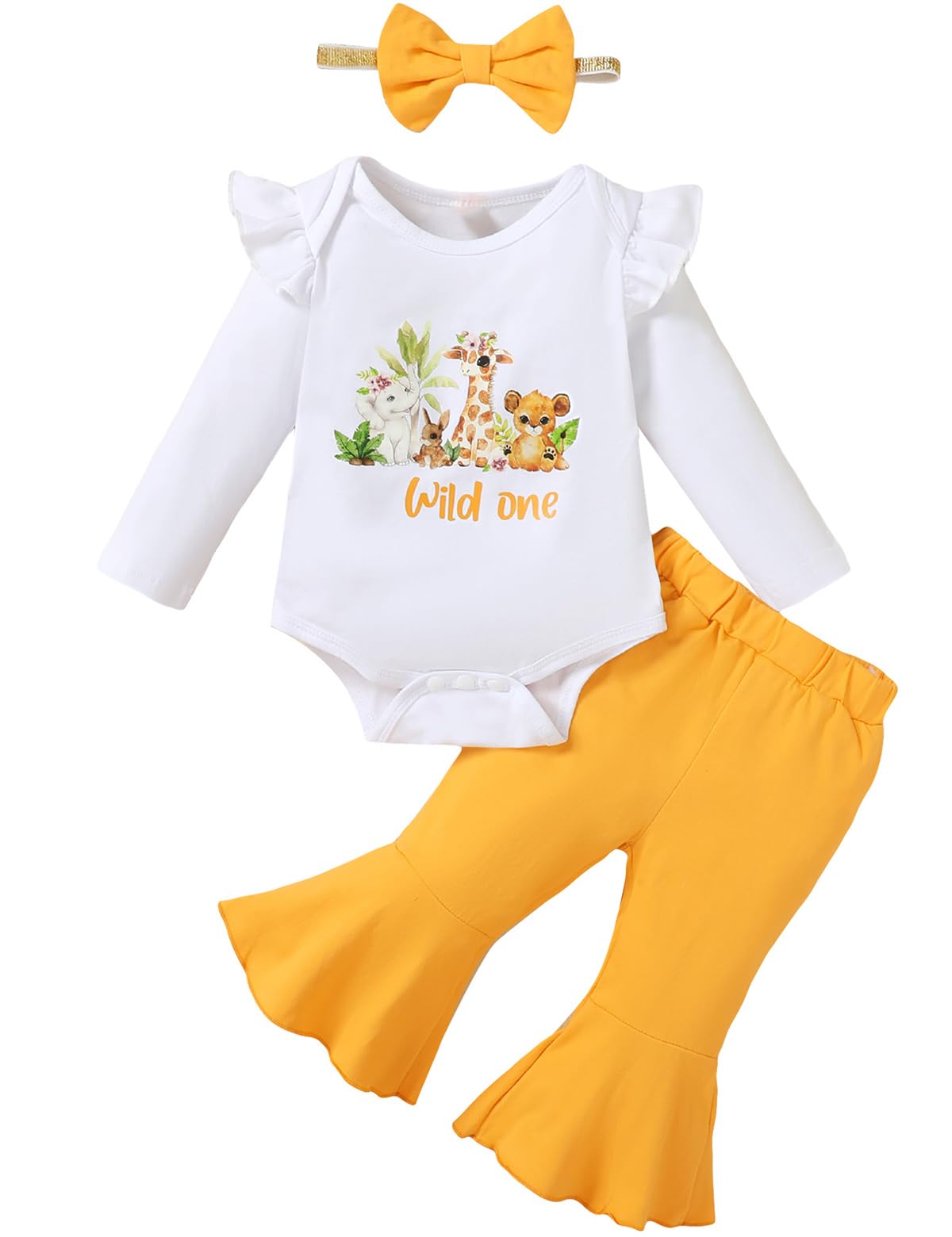 Aslaylme Baby Girl First Birthday Outfit - One Year Old Wild One Flare Pant Outfit With Animals Bodysuit (Yellow-long, 12-18 Months)