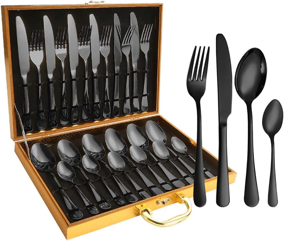 Gift Box 24pcs Set Cutlery Dinnerware 410 Stainless Steel Flatware Set Tableware Suit Dinner Spoon Fork Knife Flatware Serving Sets (Black)