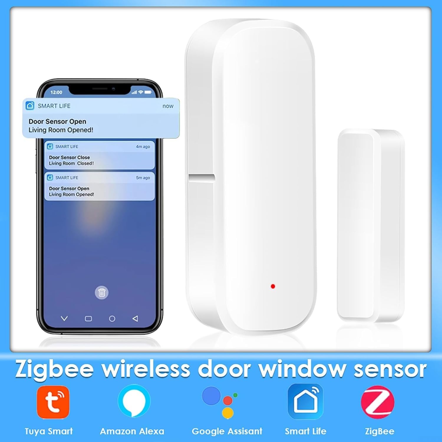 Sensor de puerta inteligente Zigbee para Tuya WiFi, sensor de contacto de puerta inalámbrico con control de aplicación, con sensor magnético, alarma con notificación para seguridad del hogar (10