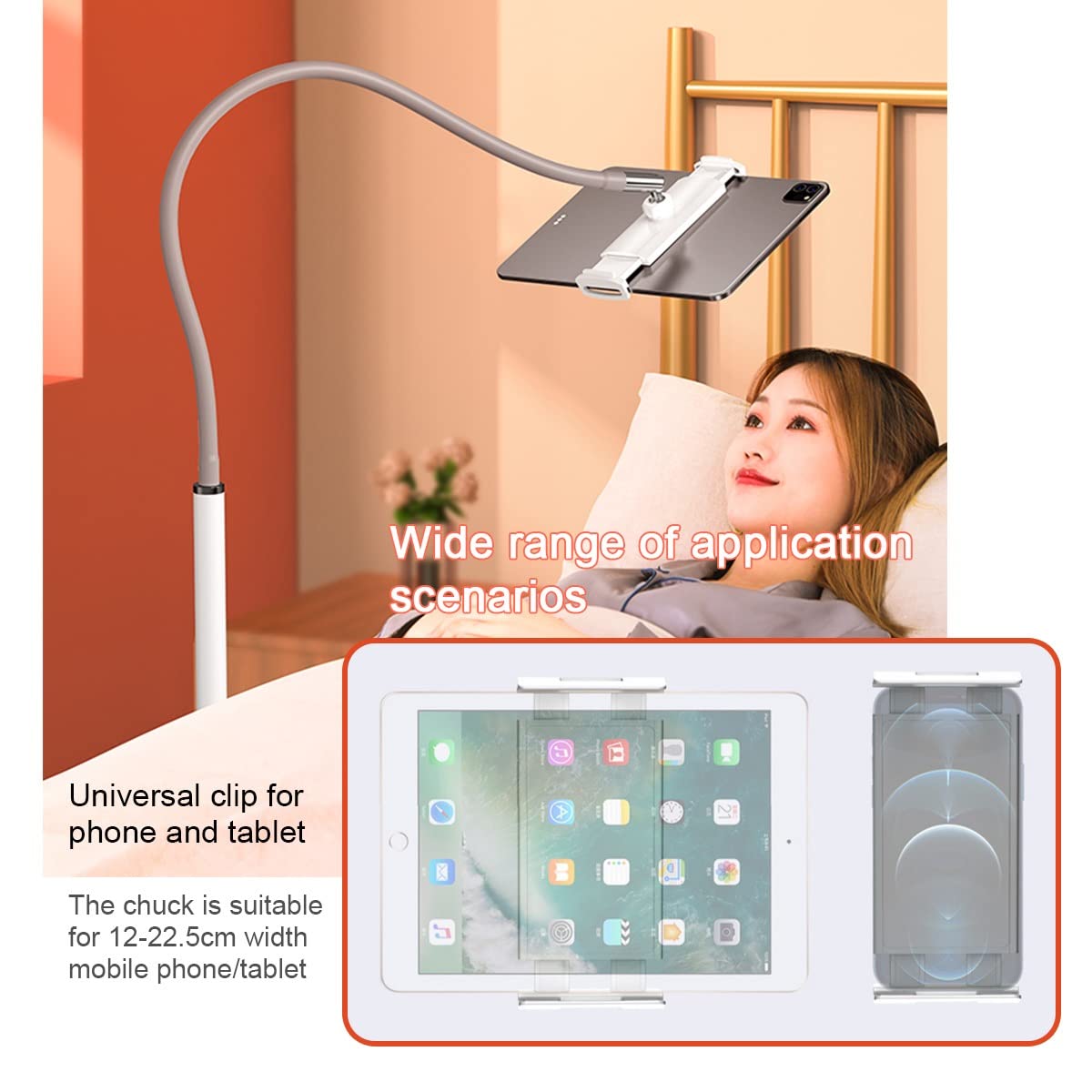 Supporto per tablet regolabile in altezza per letto, base stabile, altezza regolabile 109-151 cm, perfetto per leggere, guardare film e videochiamate