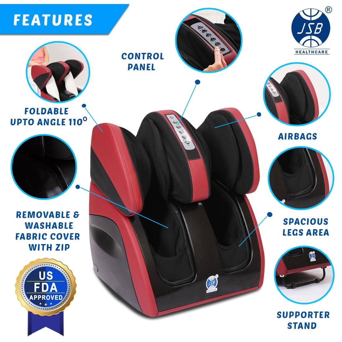 JSB HF111 Leg Massager Machine for Home Pain Relief in Calf, Foot, Knee, Thighs with Airbags, Heating, Kneading & Foot Roller (Corded Electric, Red Black) JSB HF111 Leg Massager Machine for Home Pain Relief in Calf, Foot, Knee, Thighs with Airbags, Heating, Kneading & Foot Roller (Corded Electric, Red Black)