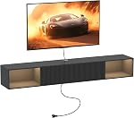 55" W flottant TV Reste avec LED Lights Wall Mounted Entertainment Center avec stockage long TV Stand pour chambre, bois flottant TV Plateau sous TV pour le salon (Noir)