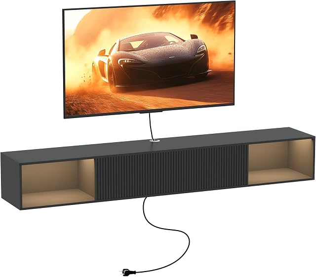 55" W flottant TV Reste avec LED Lights Wall Mounted Entertainment Center avec stockage long TV Stand pour chambre, bois flottant TV Plateau sous TV pour le salon (Noir)